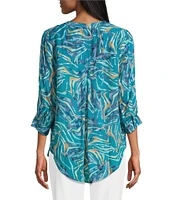 Intro Woven Mosaic Blue Split V-Neck 3/4 Roll-Tab Sleeve Button Front Shirt