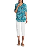 Intro Woven Mosaic Blue Split V-Neck 3/4 Roll-Tab Sleeve Button Front Shirt