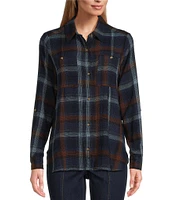 Intro Woven Plaid Print Point Collar 3/4 Roll-Tab Sleeve Button Front Shirt