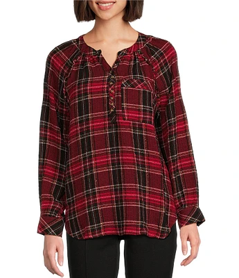 Intro Woven Plaid Split V-Neck Long Sleeve Shirttail Hem Popover Blouse