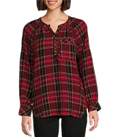 Intro Woven Plaid Split V-Neck Long Sleeve Shirttail Hem Popover Blouse