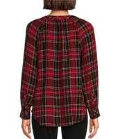 Intro Woven Plaid Split V-Neck Long Sleeve Shirttail Hem Popover Blouse