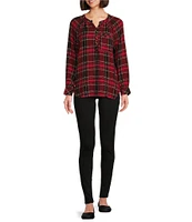 Intro Woven Plaid Split V-Neck Long Sleeve Shirttail Hem Popover Blouse