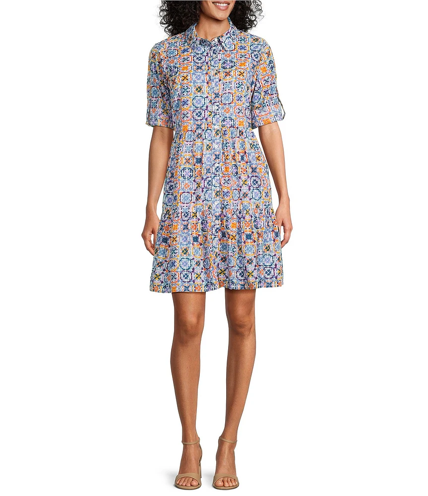 Intro Woven Tile Print Point Collar 3/4 Roll-Tab Sleeve Tiered Button-Front Shirt Dress