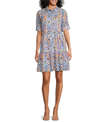 Intro Woven Tile Print Point Collar 3/4 Roll-Tab Sleeve Tiered Button-Front Shirt Dress
