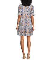 Intro Woven Tile Print Point Collar 3/4 Roll-Tab Sleeve Tiered Button-Front Shirt Dress