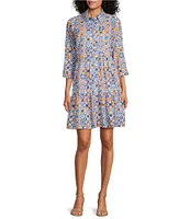 Intro Woven Tile Print Point Collar 3/4 Roll-Tab Sleeve Tiered Button-Front Shirt Dress