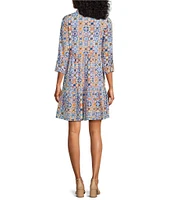 Intro Woven Tile Print Point Collar 3/4 Roll-Tab Sleeve Tiered Button-Front Shirt Dress