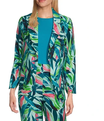 Investments Brushed Tropical Leaves Print 3/4 Ruched Sleeve Open Lapel Front Jacket