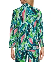 Investments Brushed Tropical Leaves Print 3/4 Ruched Sleeve Open Lapel Front Jacket