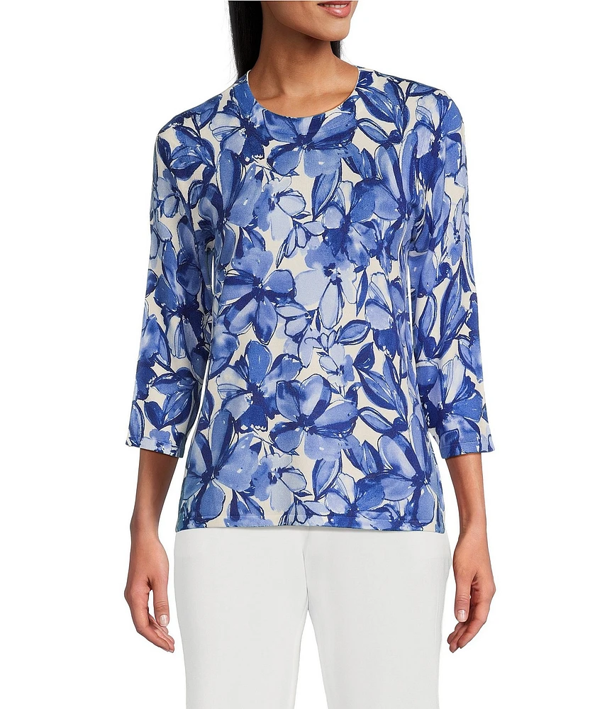 Investments Blue Floral Sketch 3/4 Sleeve Crew Neck Top