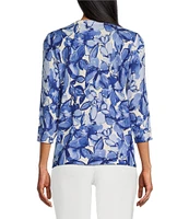 Investments Blue Floral Sketch 3/4 Sleeve Crew Neck Top