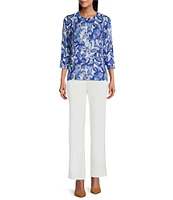 Investments Blue Floral Sketch 3/4 Sleeve Crew Neck Top