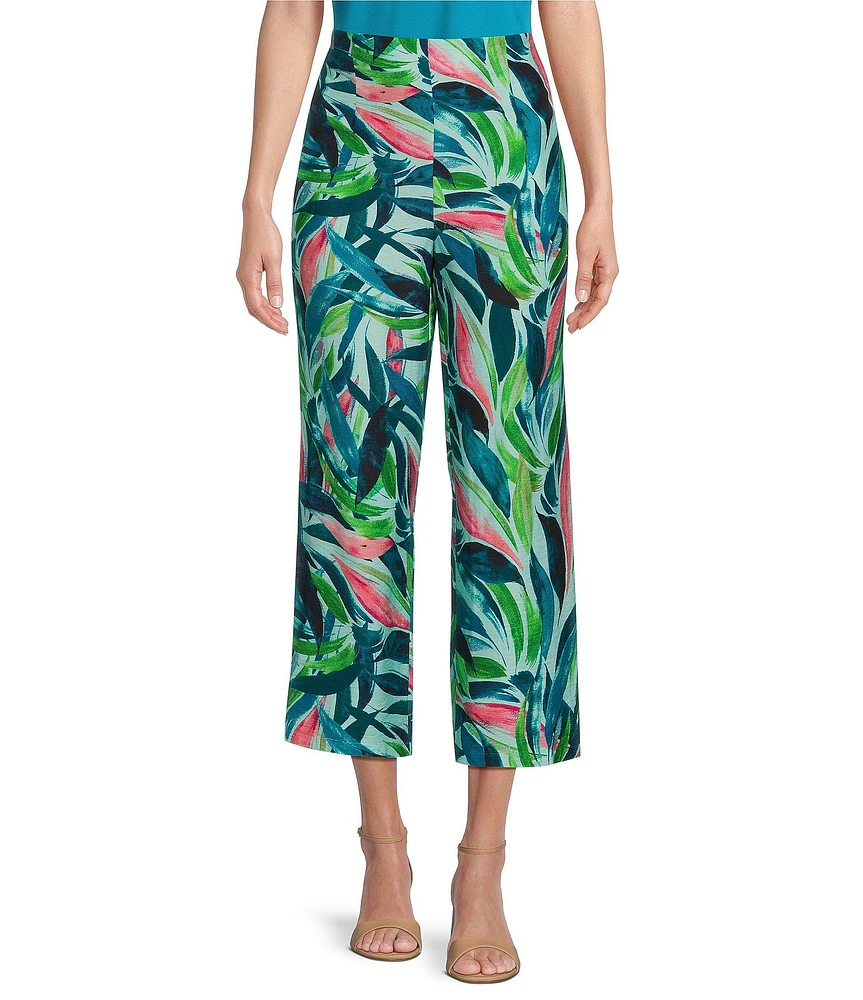 Investments Brushed Tropical Leaves Print Pull-On Wide Leg Crop Pants