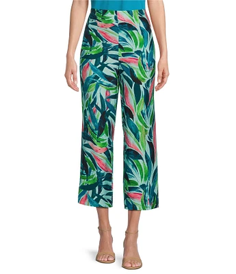 Investments Brushed Tropical Leaves Print Pull-On Wide Leg Crop Pants
