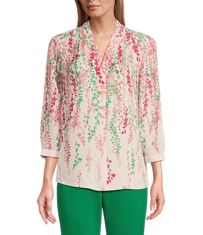 Investments Caroline Signature Cascading Vines V-Neck 3/4 Sleeve Button Front Top