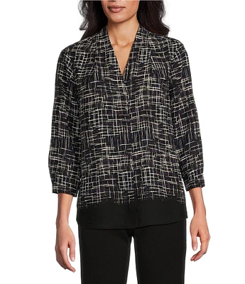 Investments Caroline Signature Crosshatch V-Neck 3/4 Sleeve Button Front Top