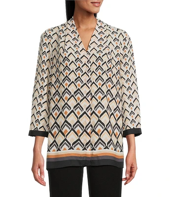 Investments Caroline Signature Diamond Border V-Neck 3/4 Sleeve Button-Front Top