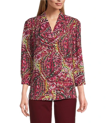 Investments Caroline Signature Elegant Paisley Print V-Neck 3/4 Sleeve Button Front Top