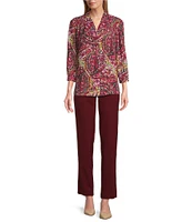 Investments Caroline Signature Elegant Paisley Print V-Neck 3/4 Sleeve Button Front Top