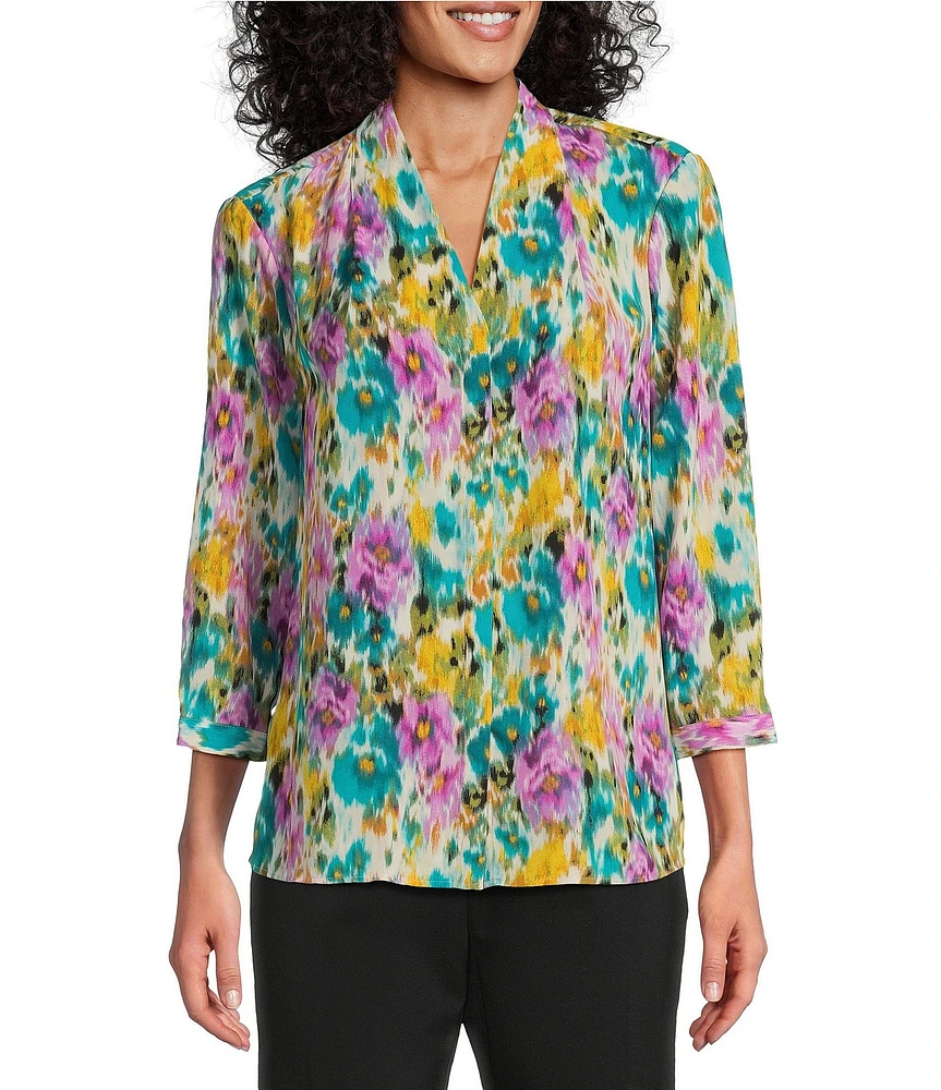 Investments Caroline Signature Ikat Garden V-Neck 3/4 Sleeve Button Front Top