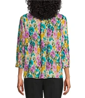 Investments Caroline Signature Ikat Garden V-Neck 3/4 Sleeve Button Front Top