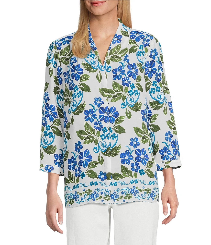 Investments Caroline Signature Stamped Hibiscus V-Neck 3/4 Sleeve Button Front Top