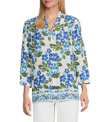 Investments Caroline Signature Stamped Hibiscus V-Neck 3/4 Sleeve Button Front Top