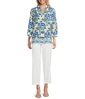 Investments Caroline Signature Stamped Hibiscus V-Neck 3/4 Sleeve Button Front Top