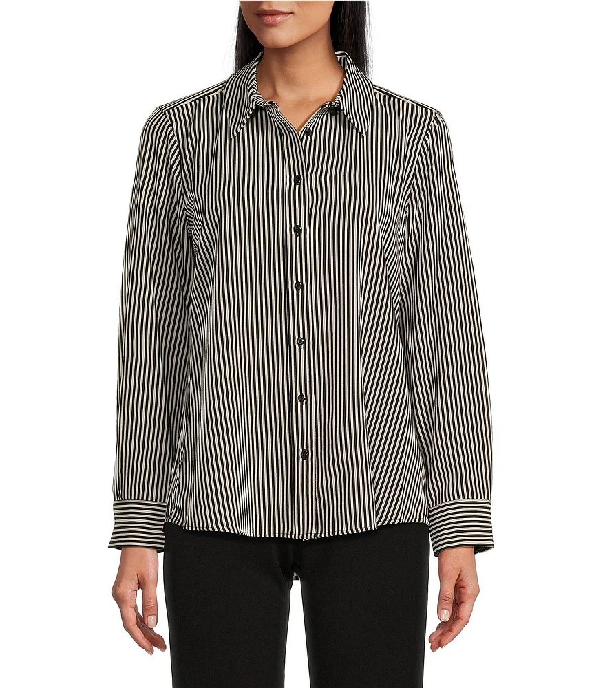 Investments Classic Stripe Print Woven Long Sleeve Button Front Point Collar Top