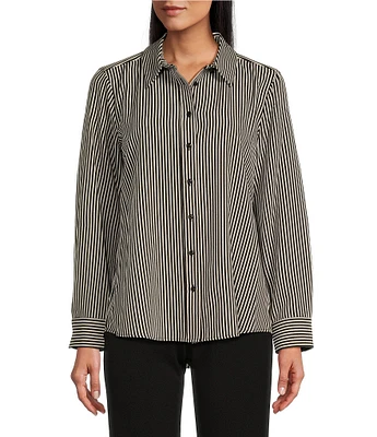 Investments Classic Stripe Print Woven Long Sleeve Button Front Point Collar Top