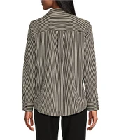 Investments Classic Stripe Print Woven Long Sleeve Button Front Point Collar Top