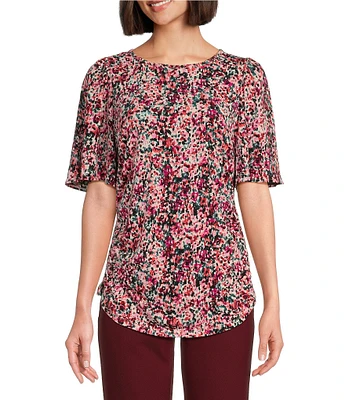 Investments Ditsy Garden Print Crew Neck Flare Short Sleeve Ruched Top