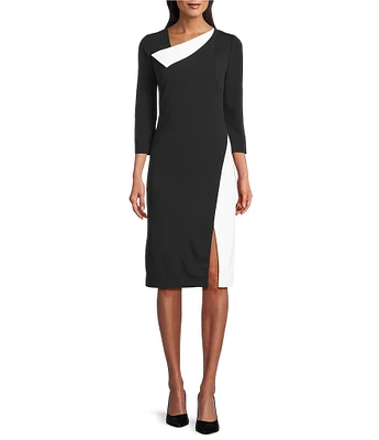 Investments Scuba Crepe Black White Color Block 3/4 Sleeve Envelope Neck Sheath Dress