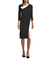 Investments Scuba Crepe Black White Color Block 3/4 Sleeve Envelope Neck Sheath Dress