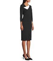 Investments Scuba Crepe Black White Color Block 3/4 Sleeve Envelope Neck Sheath Dress