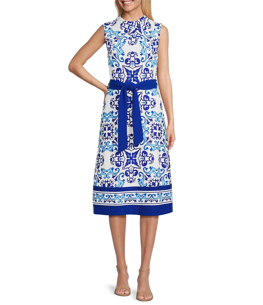 Investments Dresses Blue Regatta Print Sleeveless Crew Neck Tie Belt Fit and Flare Dress