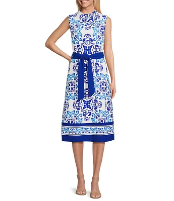 Investments Dresses Blue Regatta Print Sleeveless Crew Neck Tie Belt Fit and Flare Dress