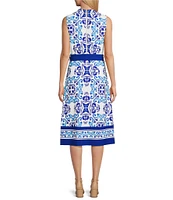 Investments Dresses Blue Regatta Print Sleeveless Crew Neck Tie Belt Fit and Flare Dress