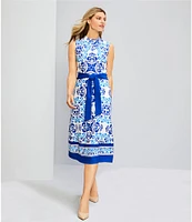 Investments Dresses Blue Regatta Print Sleeveless Crew Neck Tie Belt Fit and Flare Dress