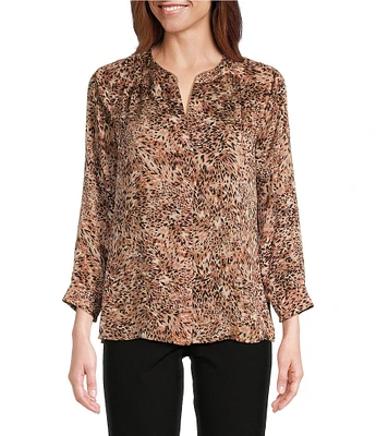 Investments Etched Animal Print Woven Inverted Pleat V-Neck 3/4 Sleeve Top