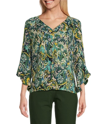 Investments Etched Paisley Print Woven Faux Button Front V-Neck 3/4 Flare Ruffle Sleeve Top