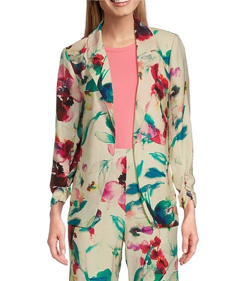 Investments Floral 3/4 Ruched Sleeve Open Lapel Front Jacket