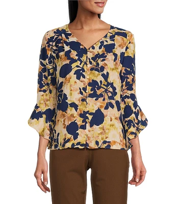 Investments Floral Shadow Abstract Print Woven Faux Button Front V-Neck 3/4 Flare Ruffle Sleeve Top