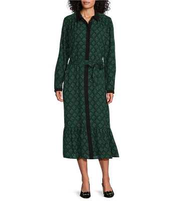 Investments Green Foulard Long Sleeve Point Collar Button Front Belted Dress