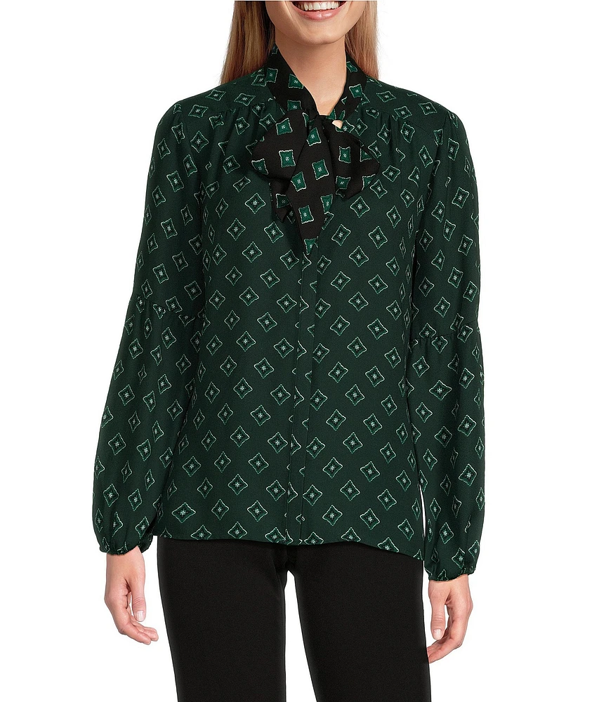 Investments Green Foulard Woven Long Sleeve V-Neck Tie Detail Top