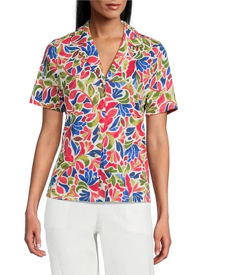 Investments Knit Folk Art Floral Short Sleeve Button Front Notch Collar Camp Top