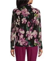 Investments Floral Knit Mesh Long Sleeve Button Front Point Collar Top