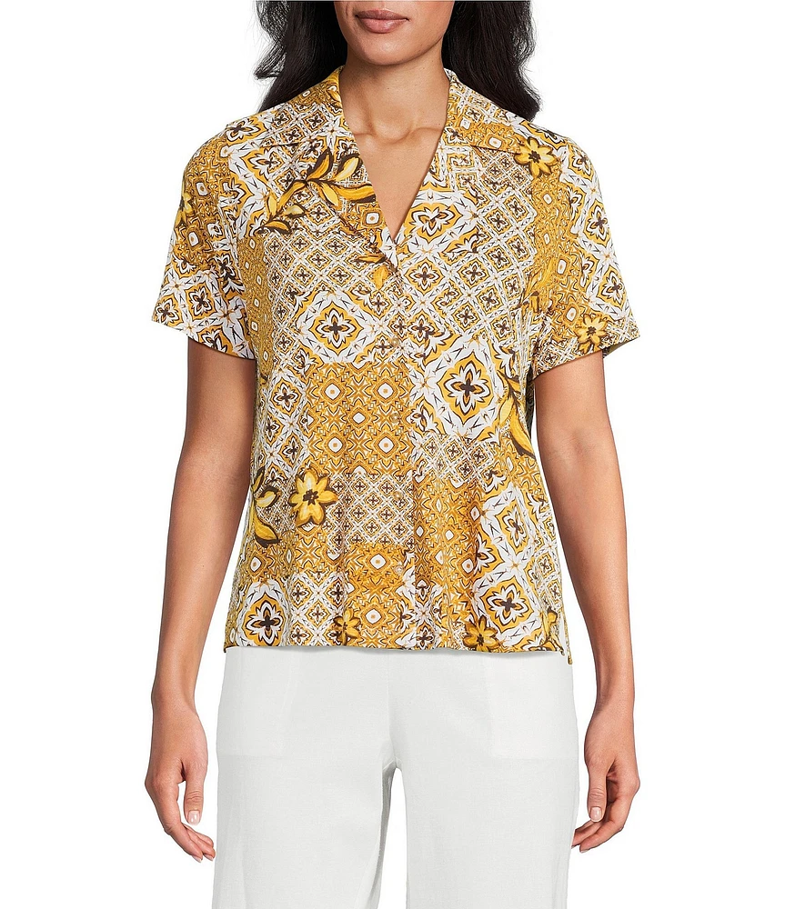 Investments Knit Mosaic Patchwork Short Sleeve Button Front Notch Collar Camp Top