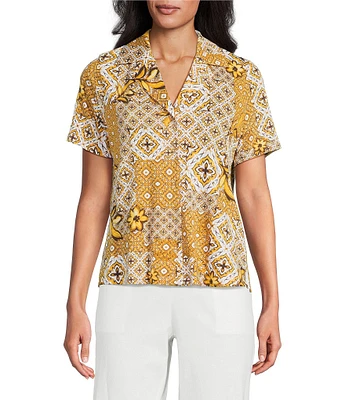 Investments Knit Mosaic Patchwork Short Sleeve Button Front Notch Collar Camp Top